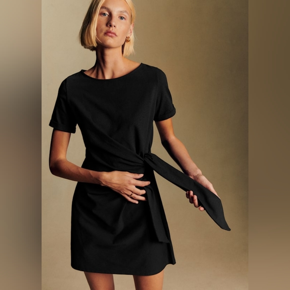 Sézane Pippa Short Dress in Black Organic Cotton Tie-Side Mini Size XS - Picture 9 of 10